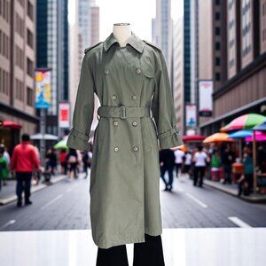 Vintage London Fog Trench Coat Double Breasted Belted Khaki Streetwear 16 1/2 R